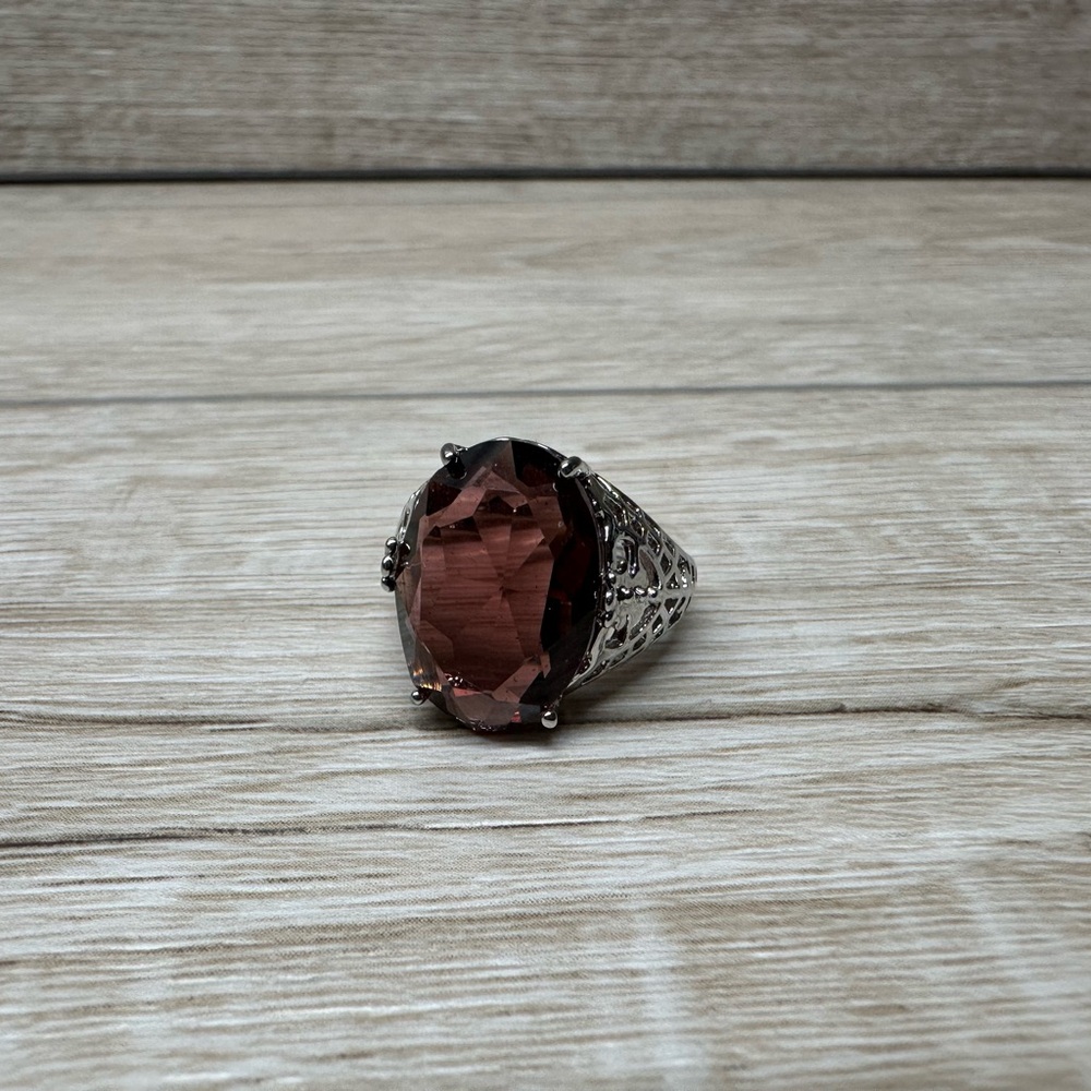 Silver Tone and Deep Burgundy Gemstone Ring SZ 7